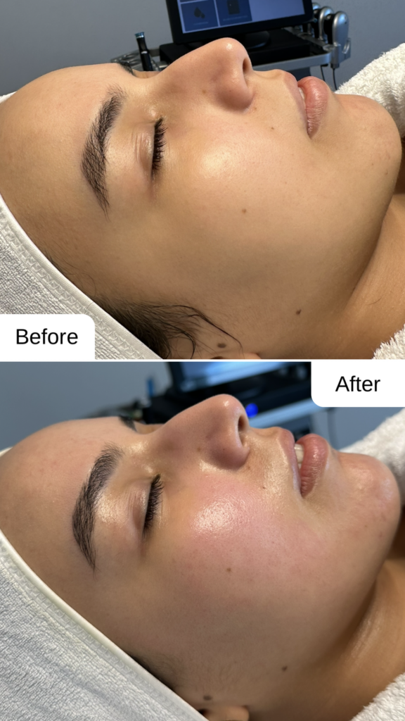 Vorher-Nachher Ergebnis eines Hydrafacials bei unreiner, zu Akne neigender Haut in Graz